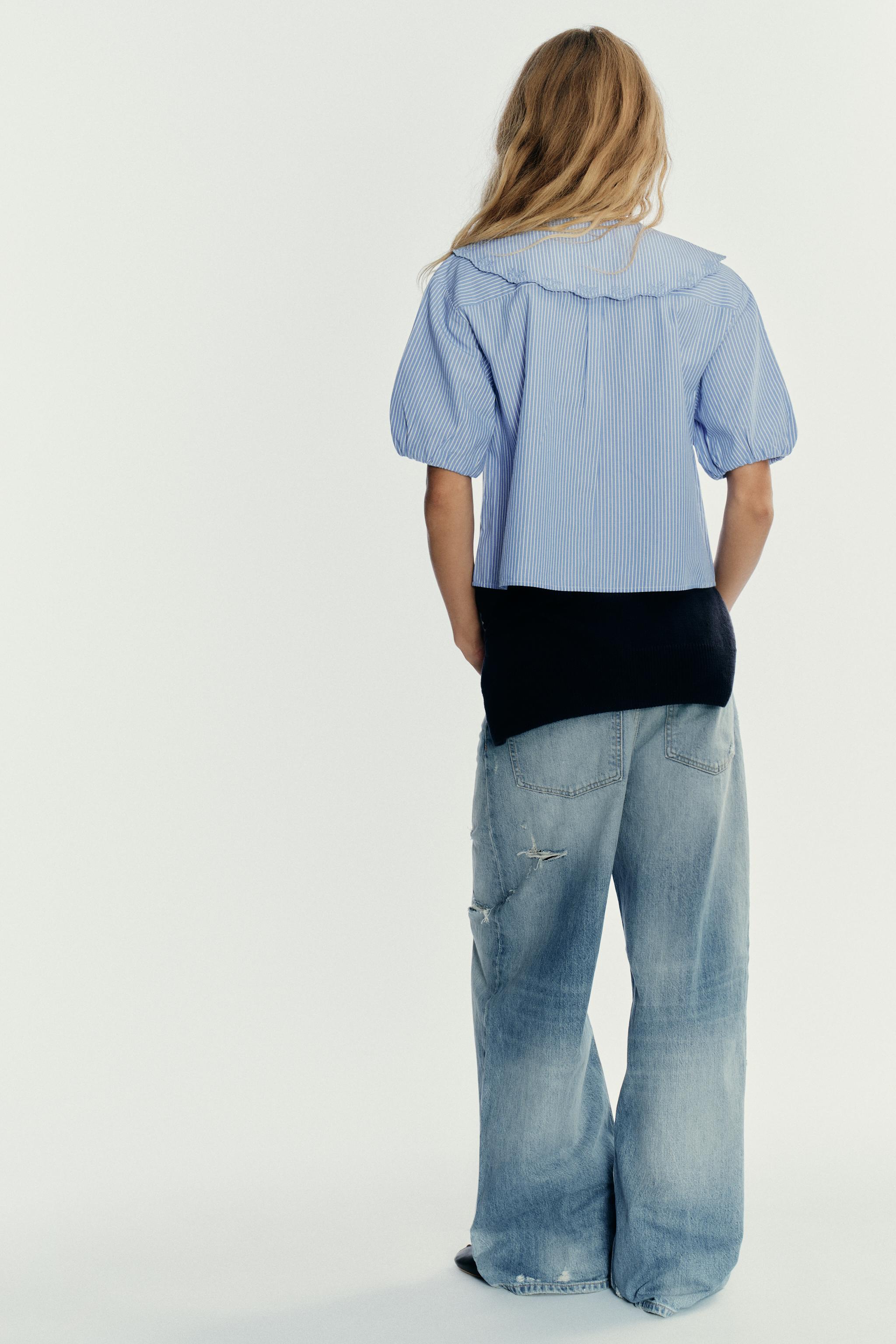 EMBROIDERED STRIPED PETER PAN COLLAR SHIRT